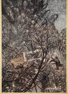 上下、上下、ゴブリン、上下に導く、ウィリアムシェイクスピア作「真夏の夜の夢」、1908年 作： Arthur Rackham